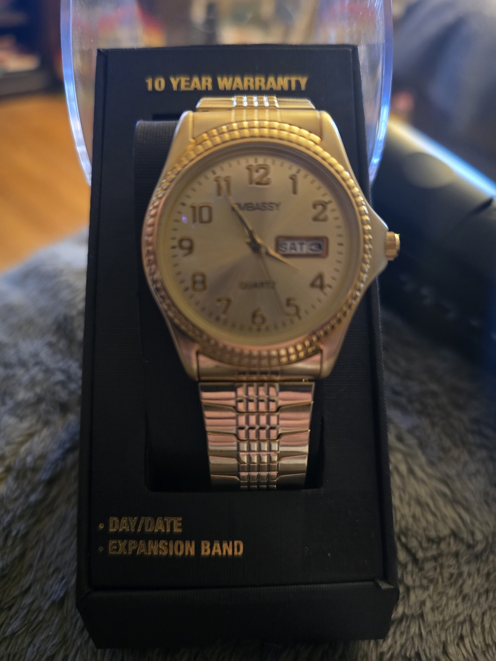 Gold-Tone Embassy Quartz Watch – Day/Date – Expansion Band – New in Box
